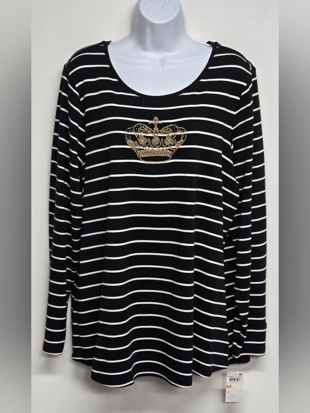 Charter Club 3X Stripped Stretch Knit Top Beaded Gold Crown Long Sleeve Cotton